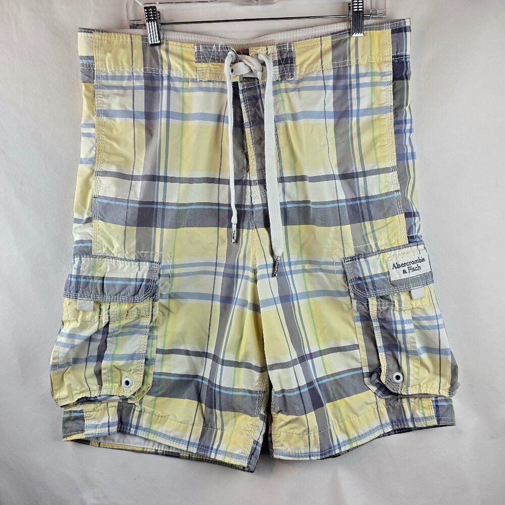 Abercrombie Cargo Swim Shorts Mens Medium Yellow Plaid Board Shorts Surf Preppy